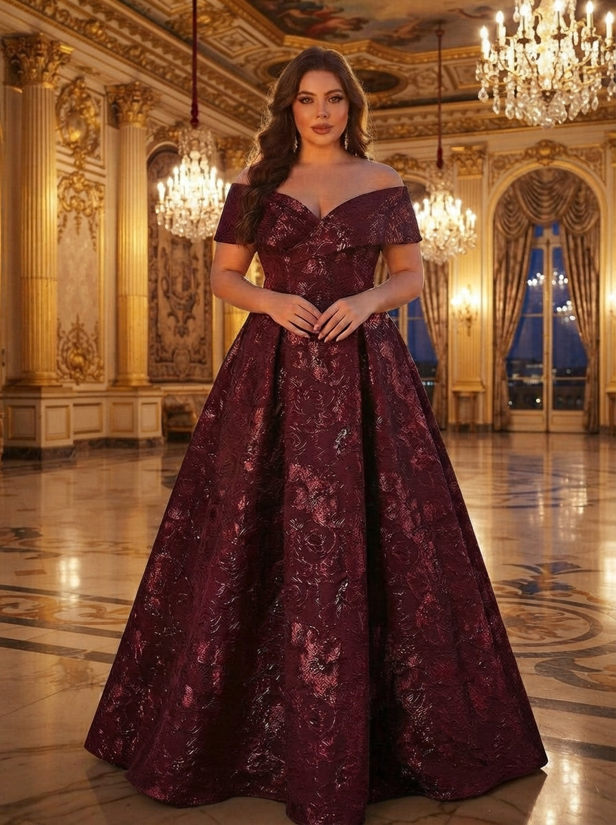 SDE3256 Plus Size Burgundy Jacquard Off-Shoulder Ball Gown