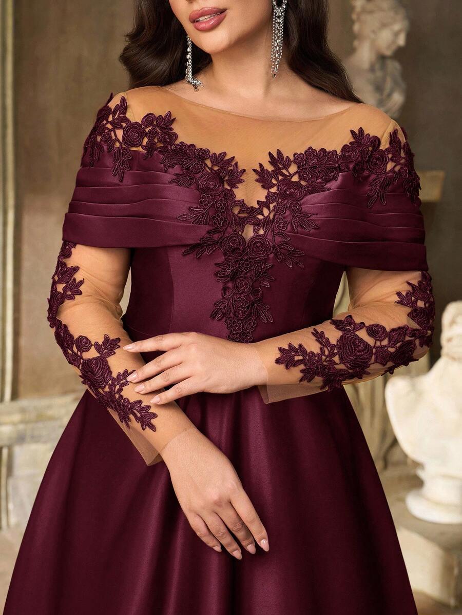 SDE3252 Plus Size Burgundy Lace Applique Off-Shoulder Satin Dress