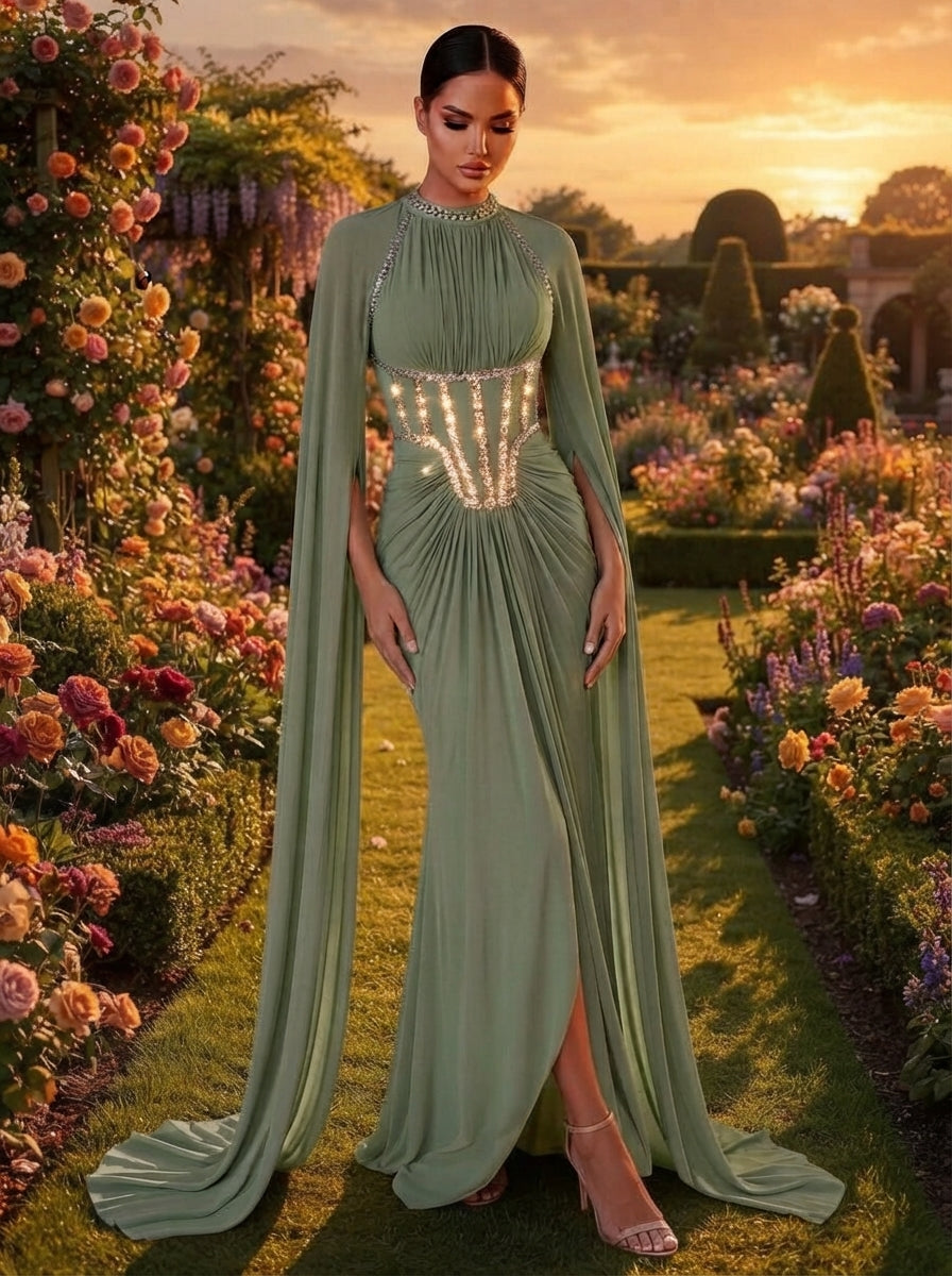 SDE3257 Luxury Beaded Diamond Chain Satin Mermaid Gown