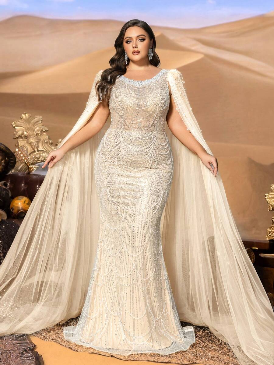SD3257 Round Neck Beaded Gown with Ultra-Long Cape Sleeves