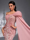 SD3272 Lotus Pink 3D Floral Cape Sleeve Gown image 0