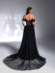 SD3271 Black & Gold Pearl Sequin Trailing Gown image 7