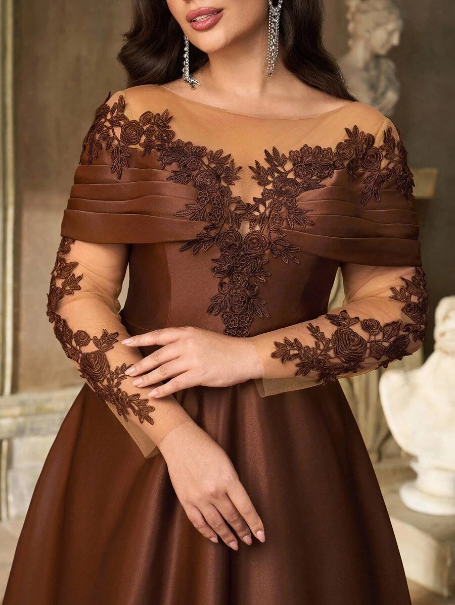 SDE3252 Plus Size Burgundy Lace Applique Off-Shoulder Satin Dress