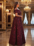 SDE3256 Plus Size Burgundy Jacquard Off-Shoulder Ball Gown