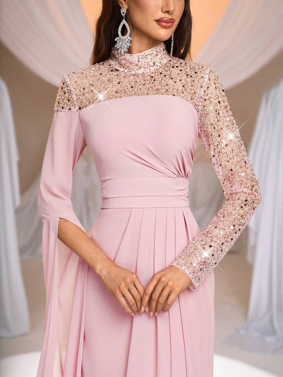 SDE3275 Pink Sequined Embroidered Chiffon Fishtail Gown