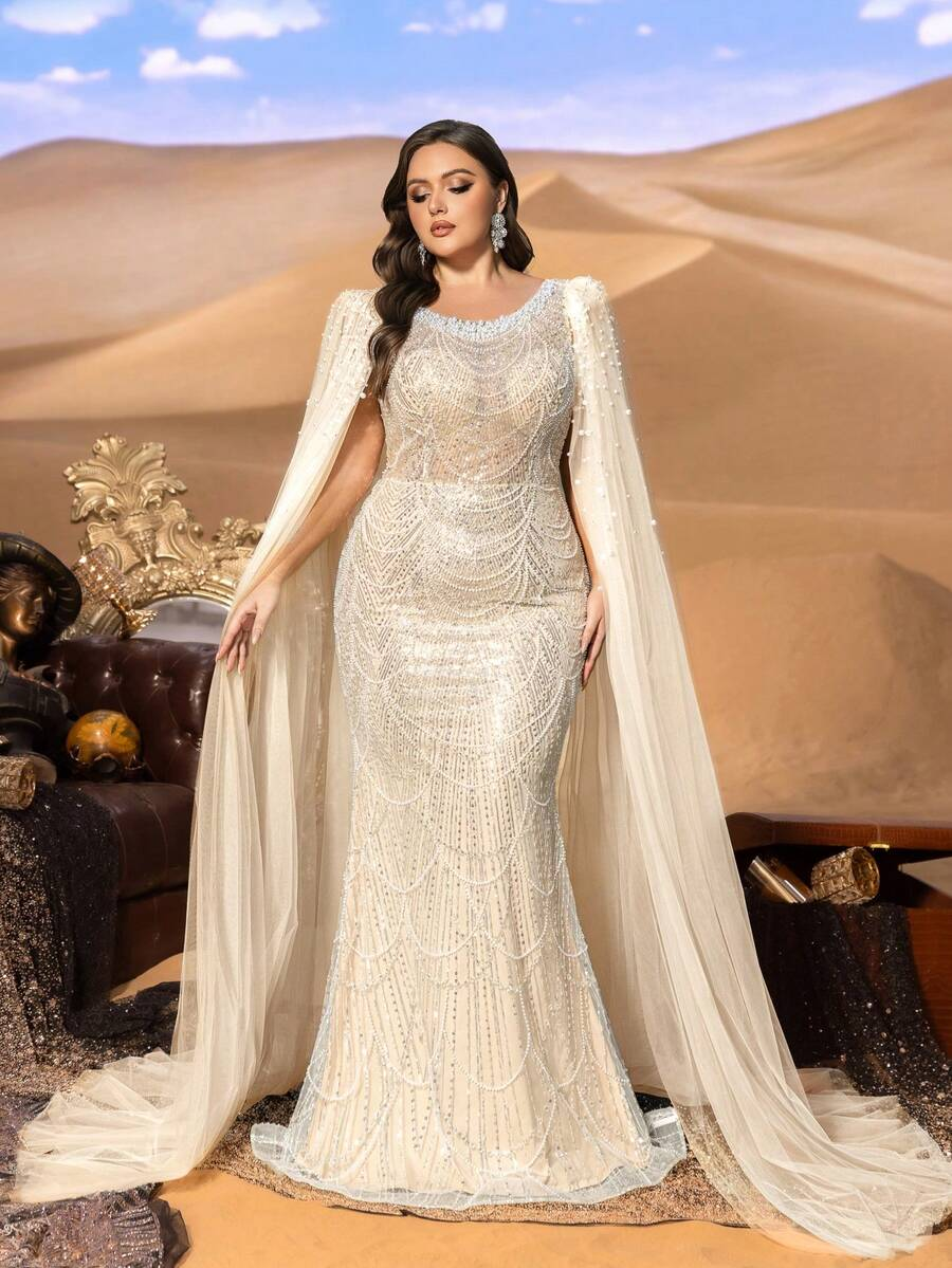 SD3257 Round Neck Beaded Gown with Ultra-Long Cape Sleeves