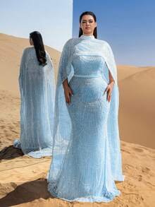 SD3232 Plus Size Mock Neck Beaded Cape-Sleeve Gown - UK22 (3XL), Baby Blue image