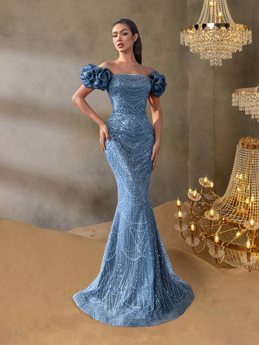 SD3221 Off-Shoulder Puff Sleeve Mermaid Gown - UK16(XL), Dusty Blue image