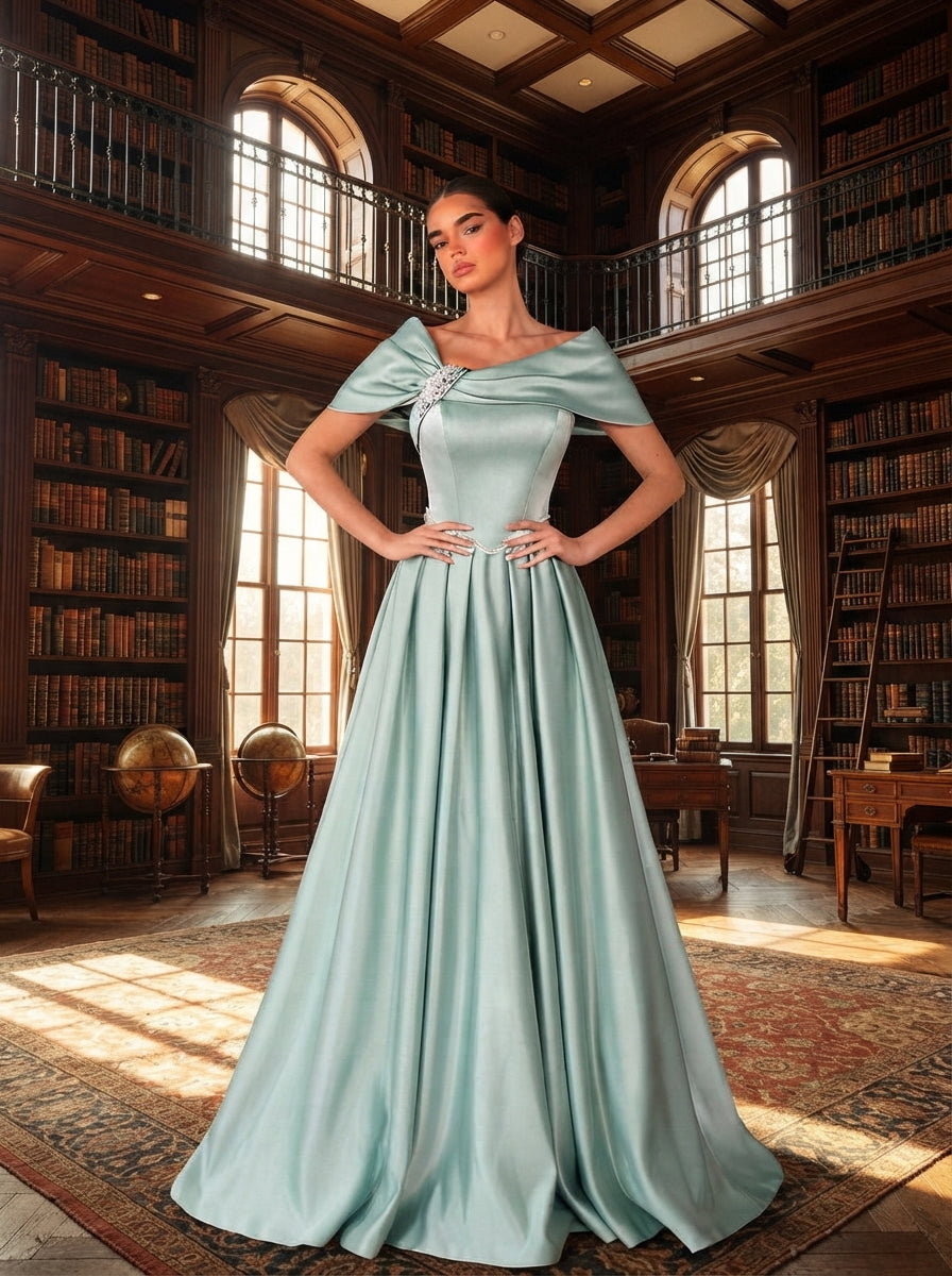 SDE3258 Light Gray-Green Satin Rhinestone Asymmetric Evening Gown