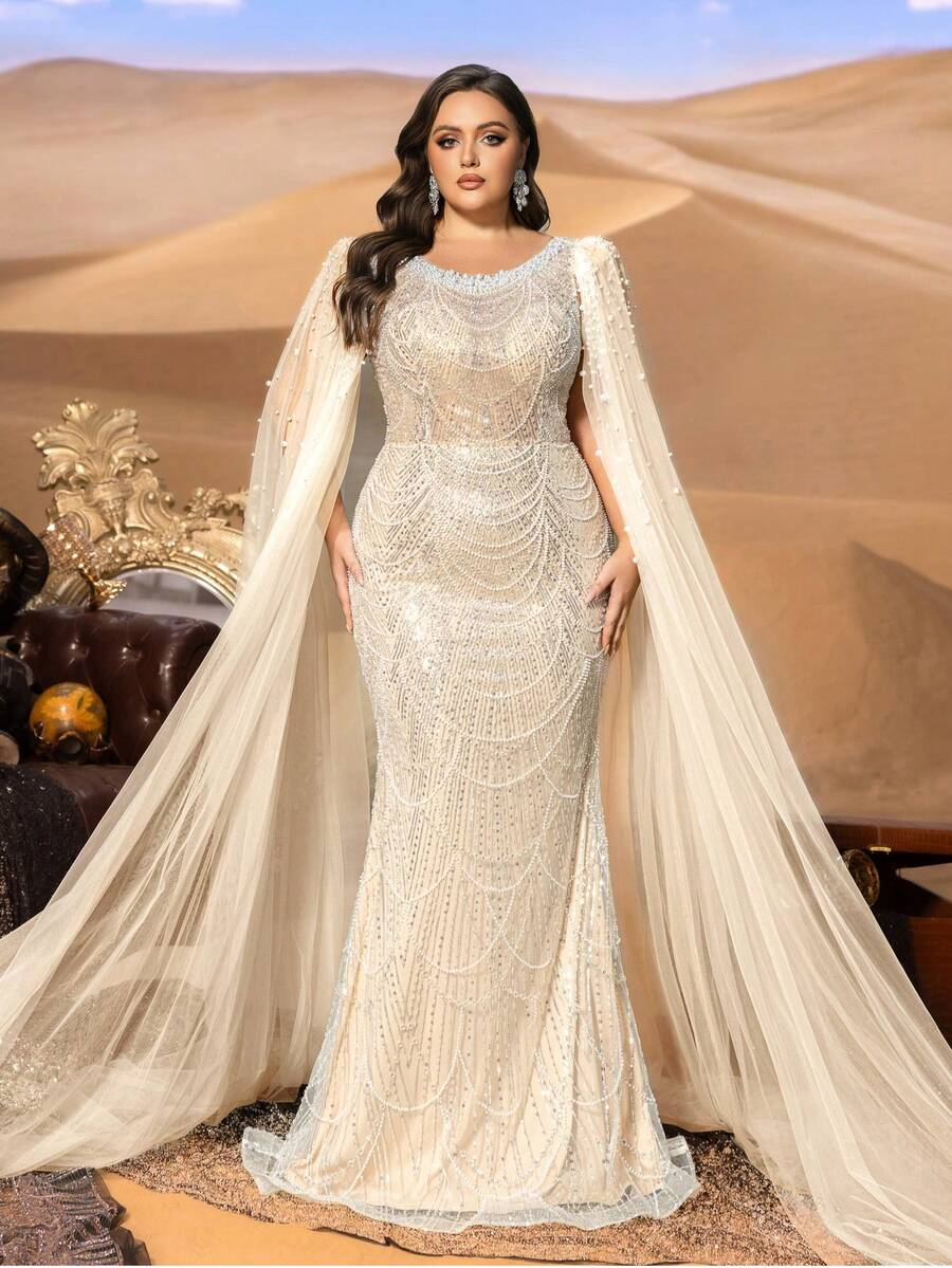 SD3257 Round Neck Beaded Gown with Ultra-Long Cape Sleeves