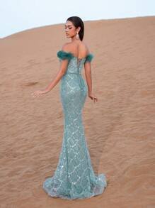 SD3219 Feather Accent Crystal Mermaid Gown - UK16(XL), Cadet Blue image