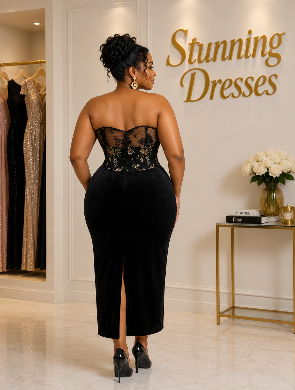 Plus Size Floral Corset Velvet Midi Dress in Royal Blue - front view