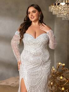 SD3251 Off-Shoulder Beaded Gown with Sheer Sleeves image 5