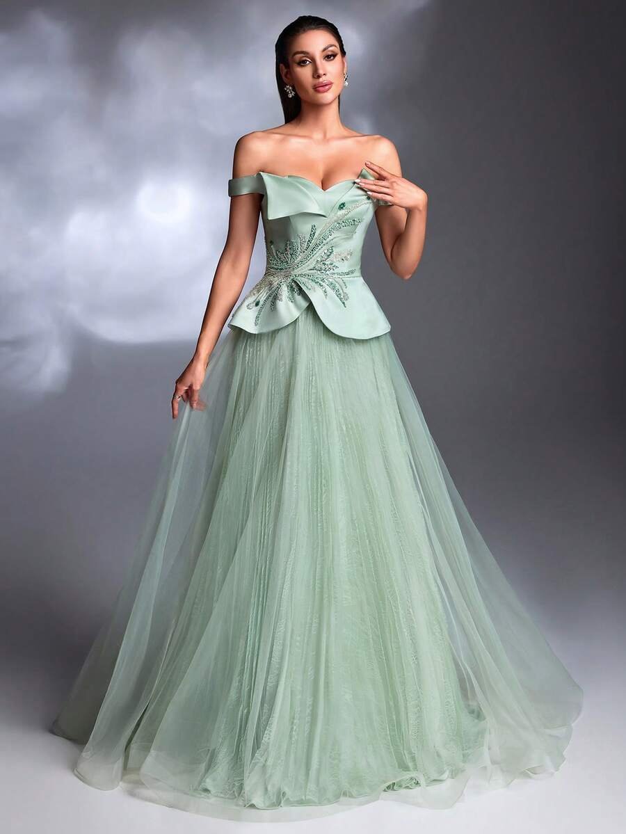 SD3263 One-Shoulder Satin & Mesh A-Line Gown image 2