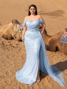 SD3241 Off-Shoulder Sequined Slit Gown - Uk18 (1XL), Blue image
