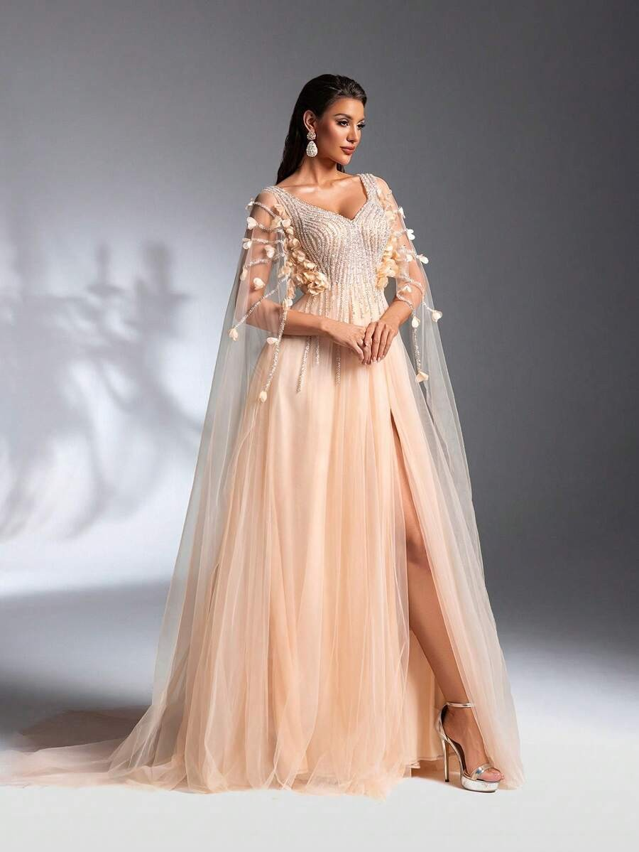 SD3208 Cloak Sleeve 3D Floral Mesh Gown