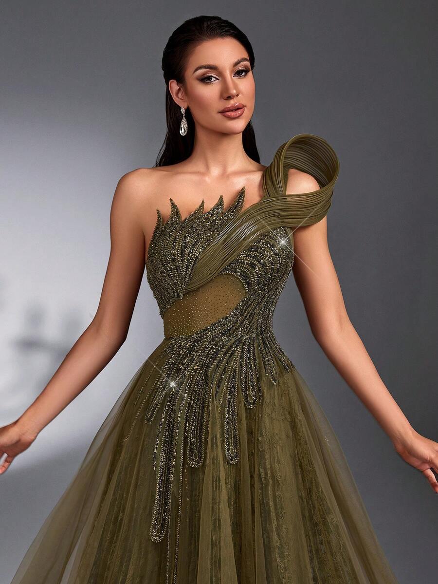 SD3266 Beaded Rhinestone Lace & Mesh Maxi Gown