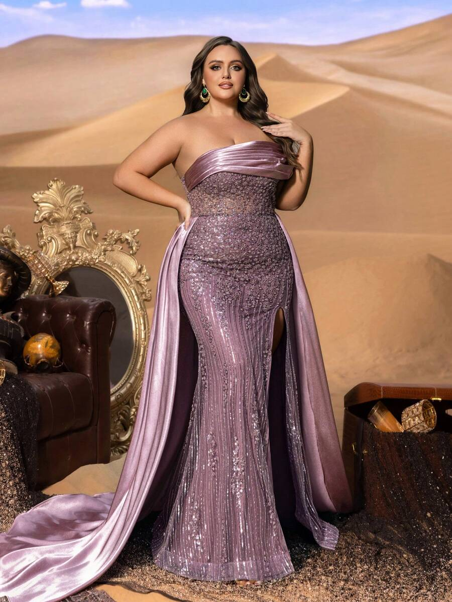 SD3256 Off-Shoulder Sequin Gown with Satin Trail
