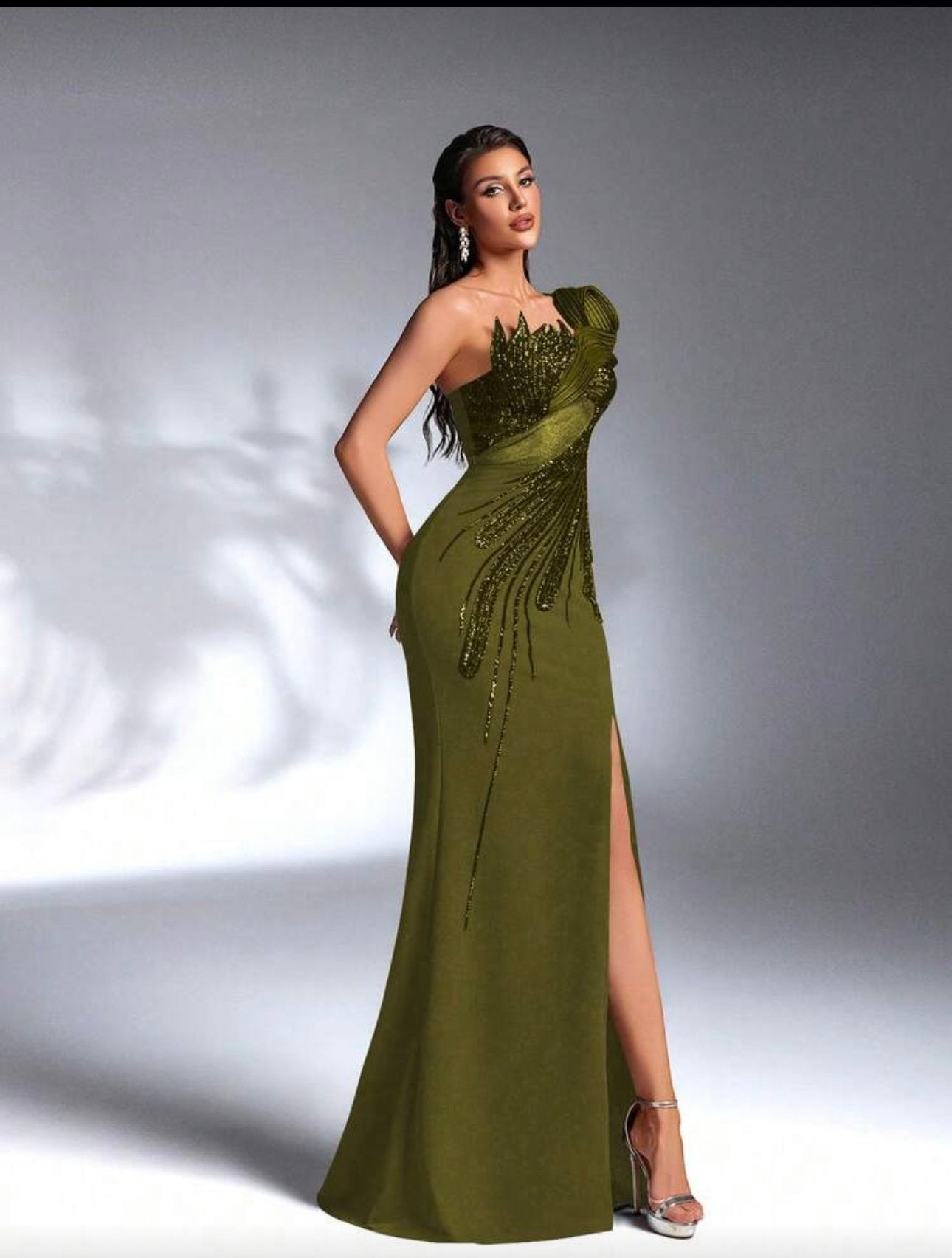 SD 3168 One-Shoulder Sequin Mermaid Evening Gown – Thigh-High Slit –  Stunning Dresses