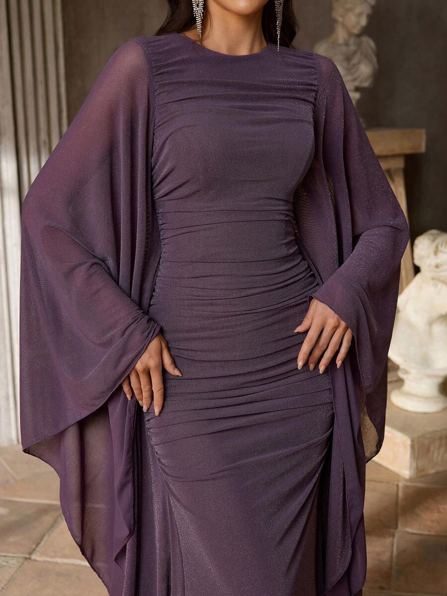 SDE3254 Knitted Satin Cape Sleeve Bodycon Mermaid Dress