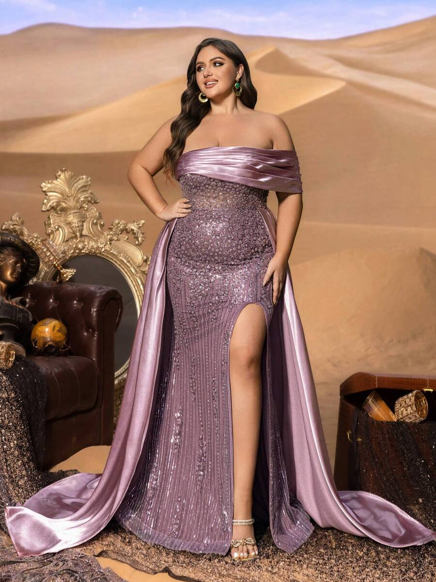SD3256 Off-Shoulder Sequin Gown with Satin Trail