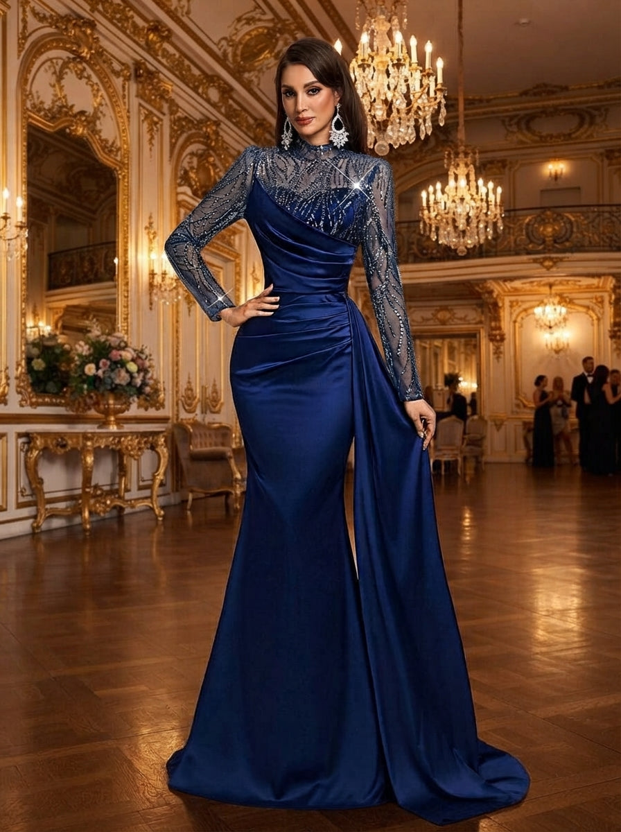 SDE3260 Navy Blue Sequin Patchwork Satin Evening Gown