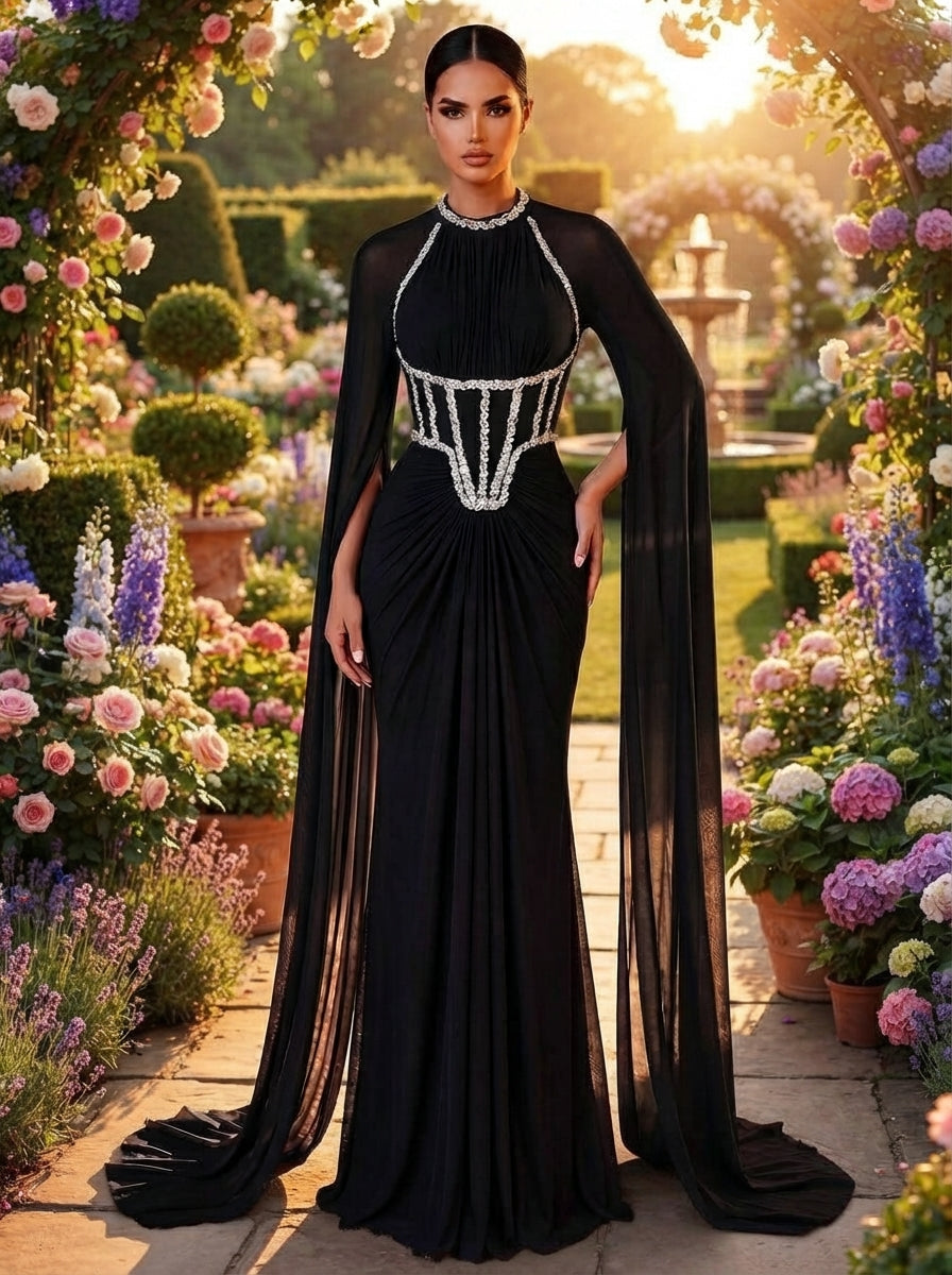 SDE3257 Luxury Beaded Diamond Chain Satin Mermaid Gown