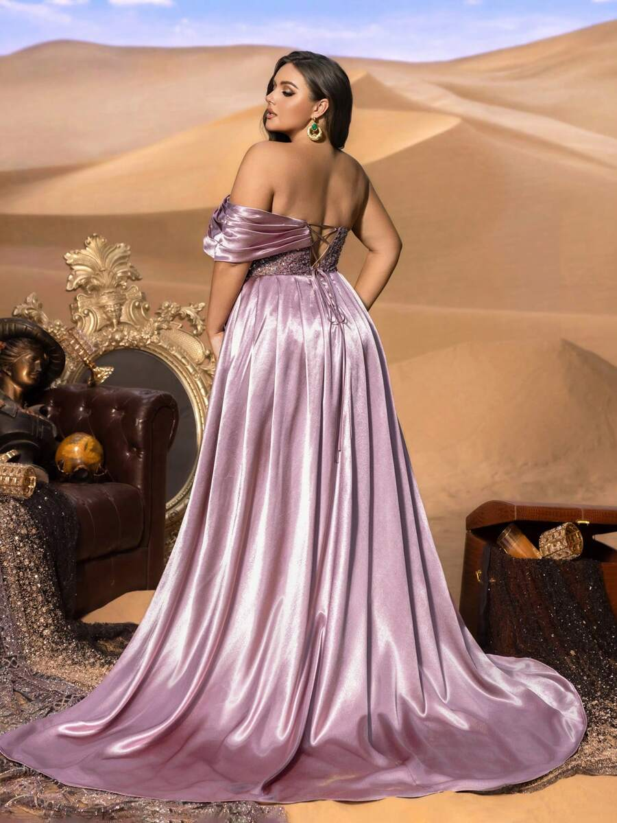 SD3256 Off-Shoulder Sequin Gown with Satin Trail