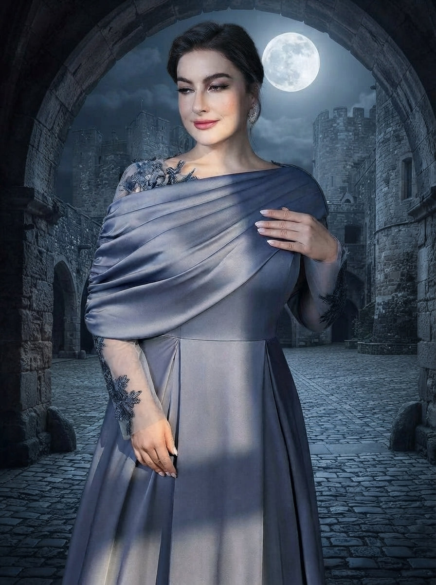 SDE3265 Plus Size Gray-Blue Satin Mesh Applique A-Line Gown