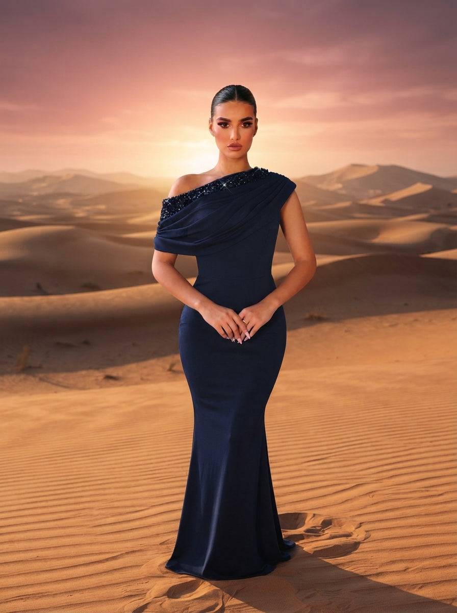 SDE3263 Black Sequined Embroidery One-Shoulder Fishtail Gown