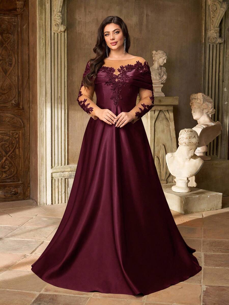 SDE3252 Plus Size Burgundy Lace Applique Off-Shoulder Satin Dress