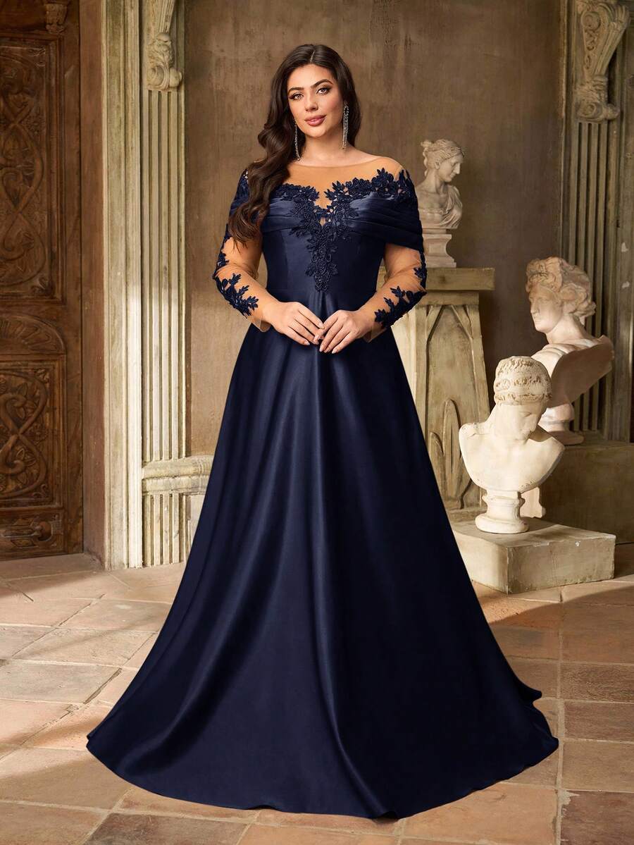 SDE3252 Plus Size Burgundy Lace Applique Off-Shoulder Satin Dress