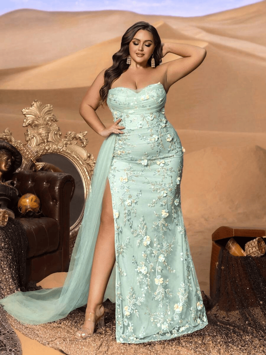 SD3259 Strapless Floral Beaded Gown with Tulle Overlay