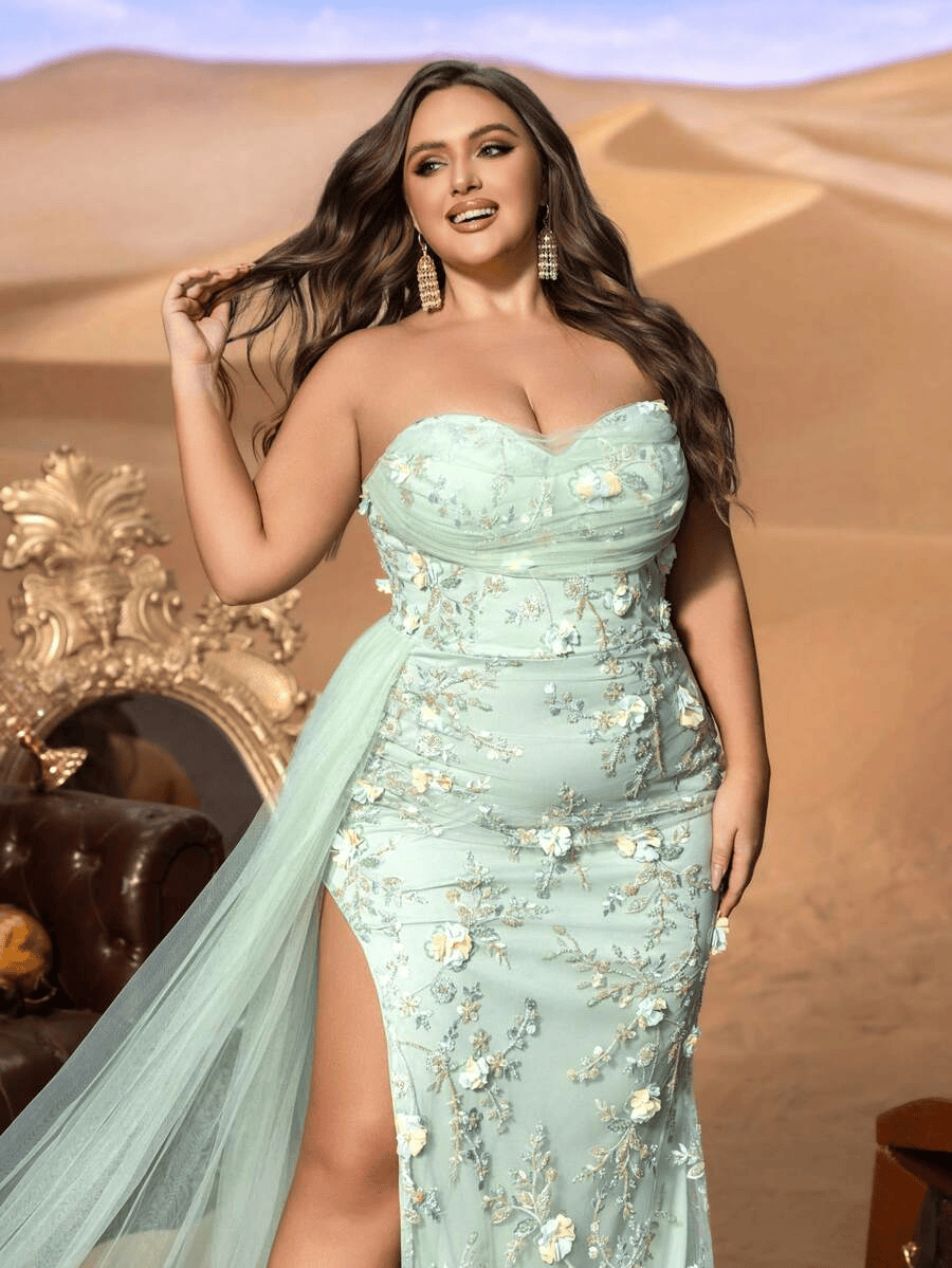 SD3259 Strapless Floral Beaded Gown with Tulle Overlay