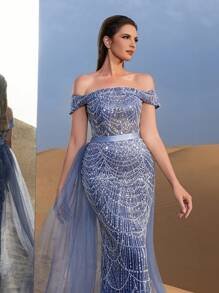 SD3215 Off-Shoulder Tulle Overlay Mermaid Gown - 12/14 (L), Dusty Blue image