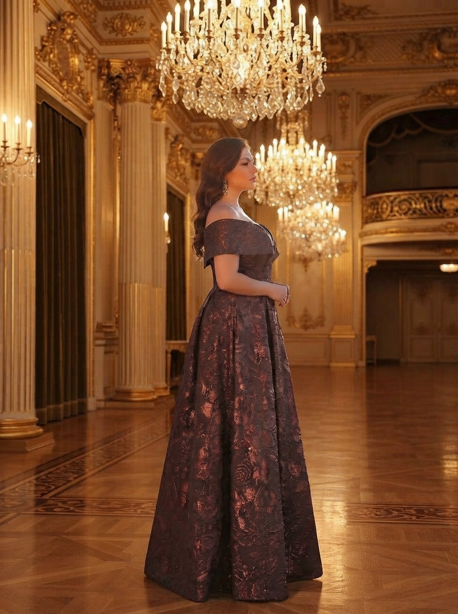SDE3256 Plus Size Burgundy Jacquard Off-Shoulder Ball Gown