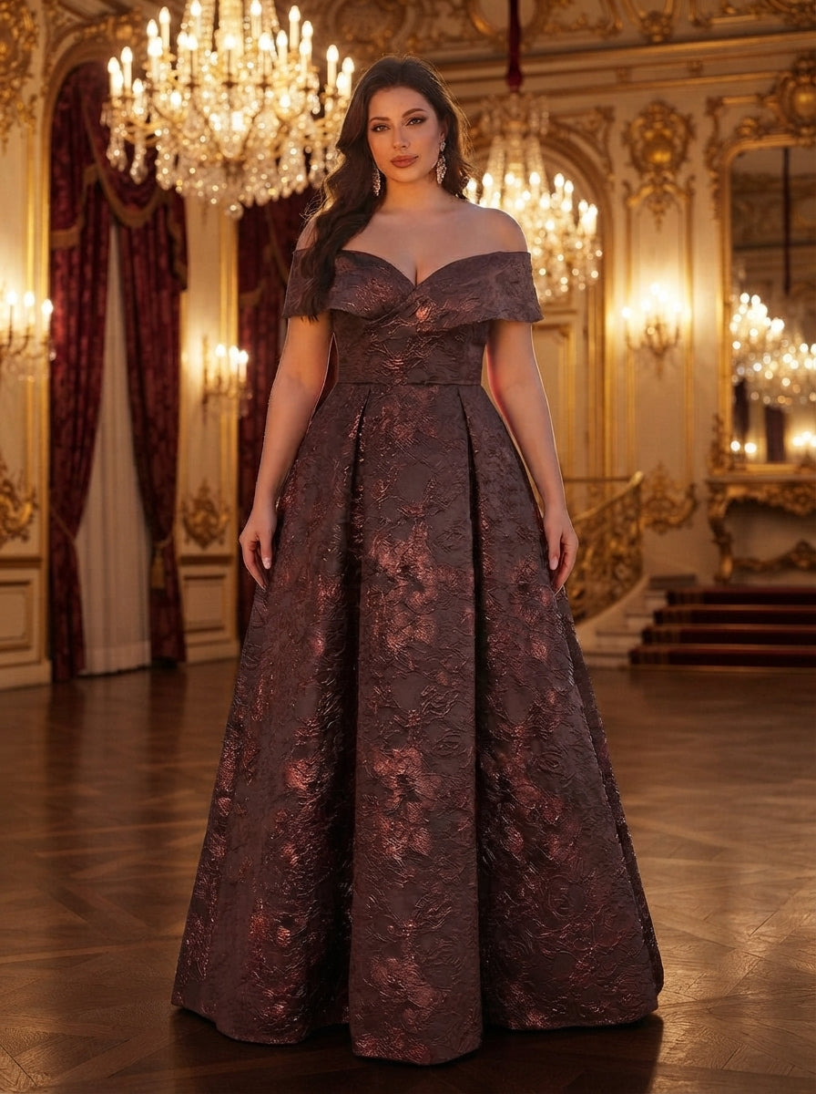 SDE3256 Plus Size Burgundy Jacquard Off-Shoulder Ball Gown