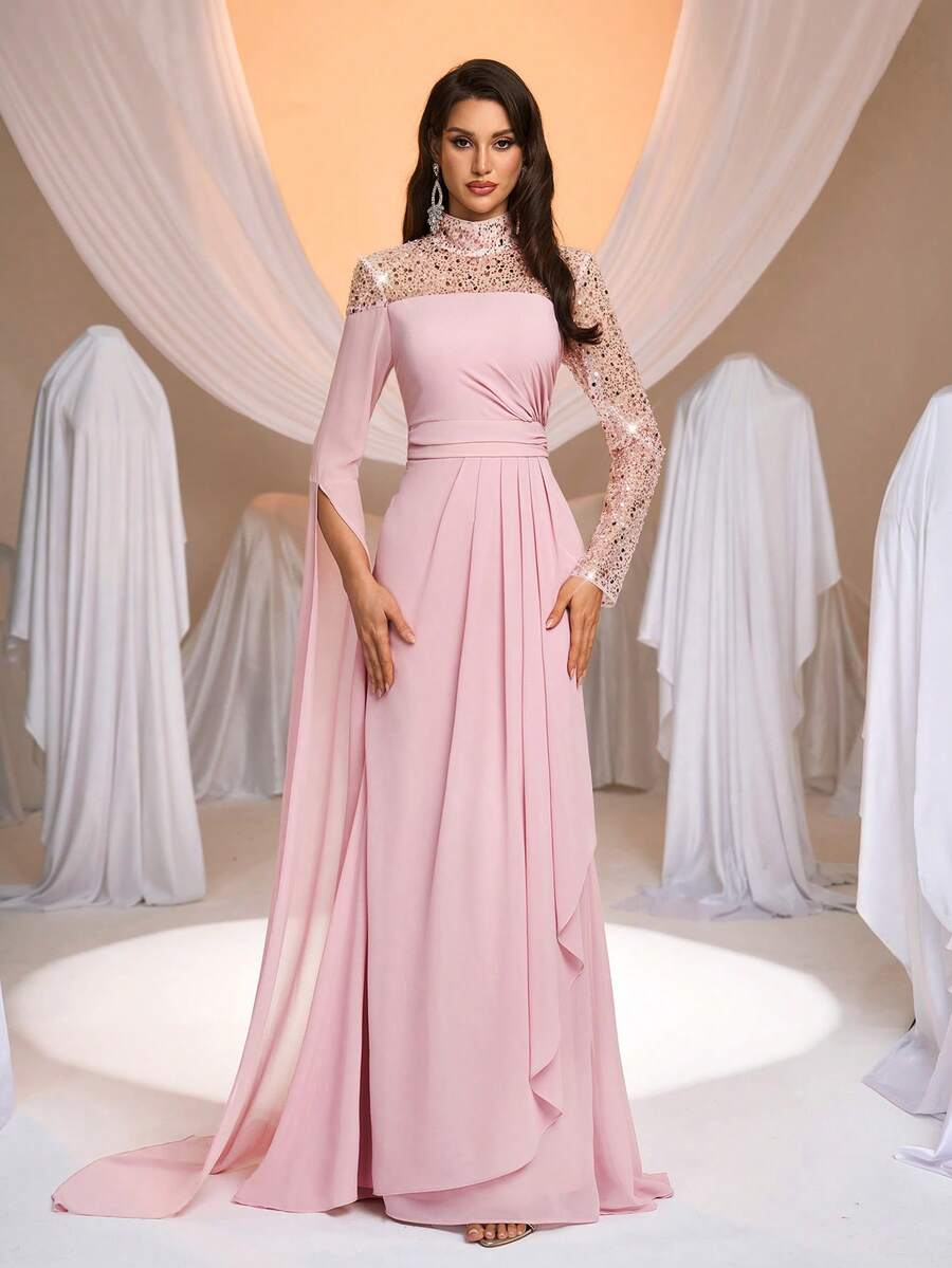 SDE3275 Pink Sequined Embroidered Chiffon Fishtail Gown