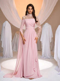 SDE3275 Pink Sequined Embroidered Chiffon Fishtail Gown