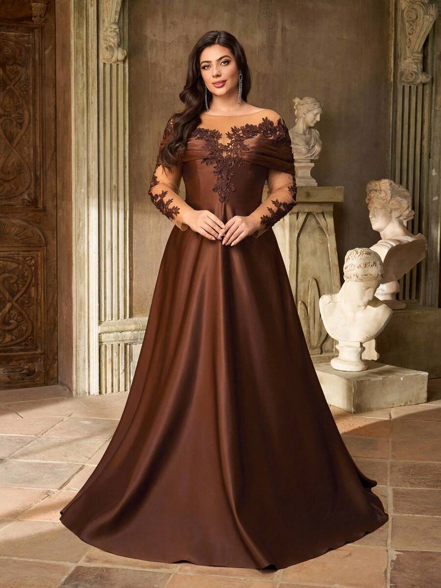 SDE3252 Plus Size Burgundy Lace Applique Off-Shoulder Satin Dress