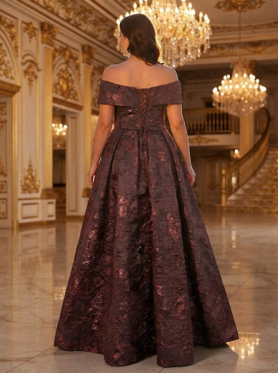 SDE3256 Plus Size Burgundy Jacquard Off-Shoulder Ball Gown