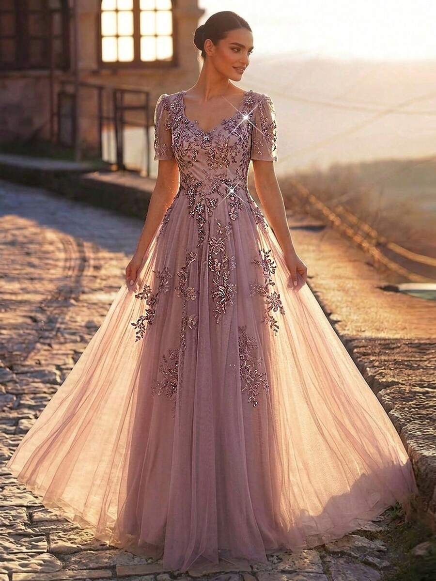 SDE3255 Elegant Pearl Beaded Lace Mesh Flared Sleeve Dress