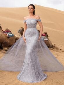 SD3215 Off-Shoulder Tulle Overlay Mermaid Gown image 4