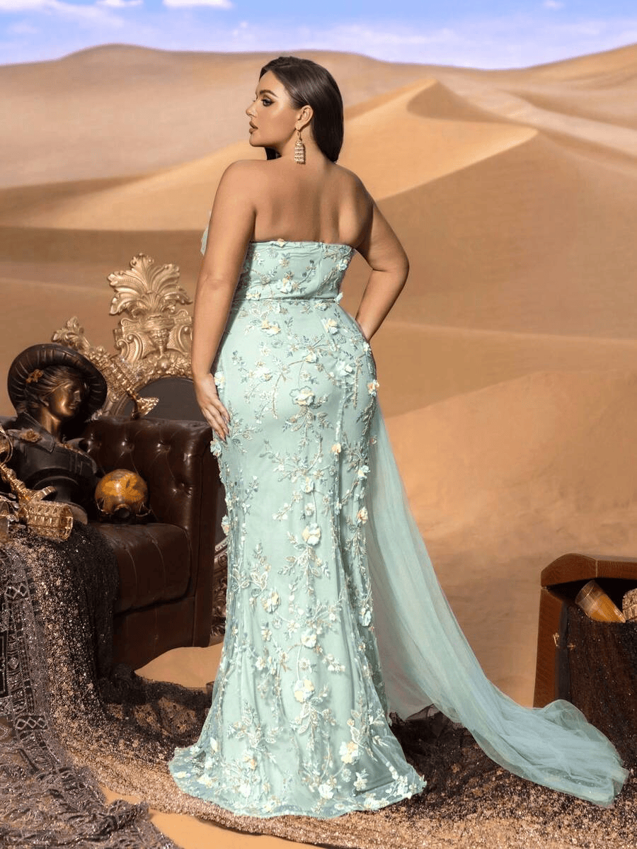SD3259 Strapless Floral Beaded Gown with Tulle Overlay