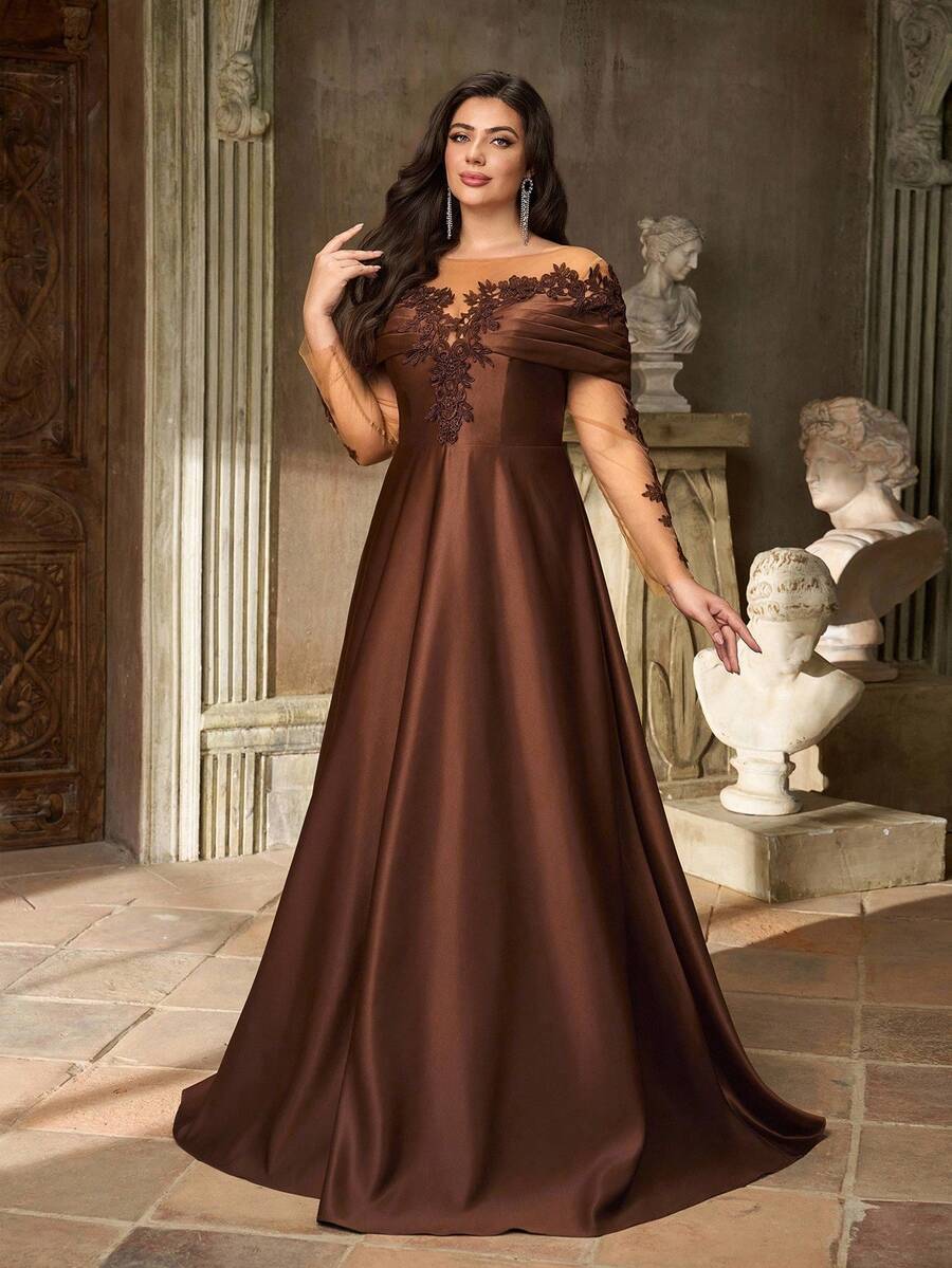SDE3252 Plus Size Burgundy Lace Applique Off-Shoulder Satin Dress