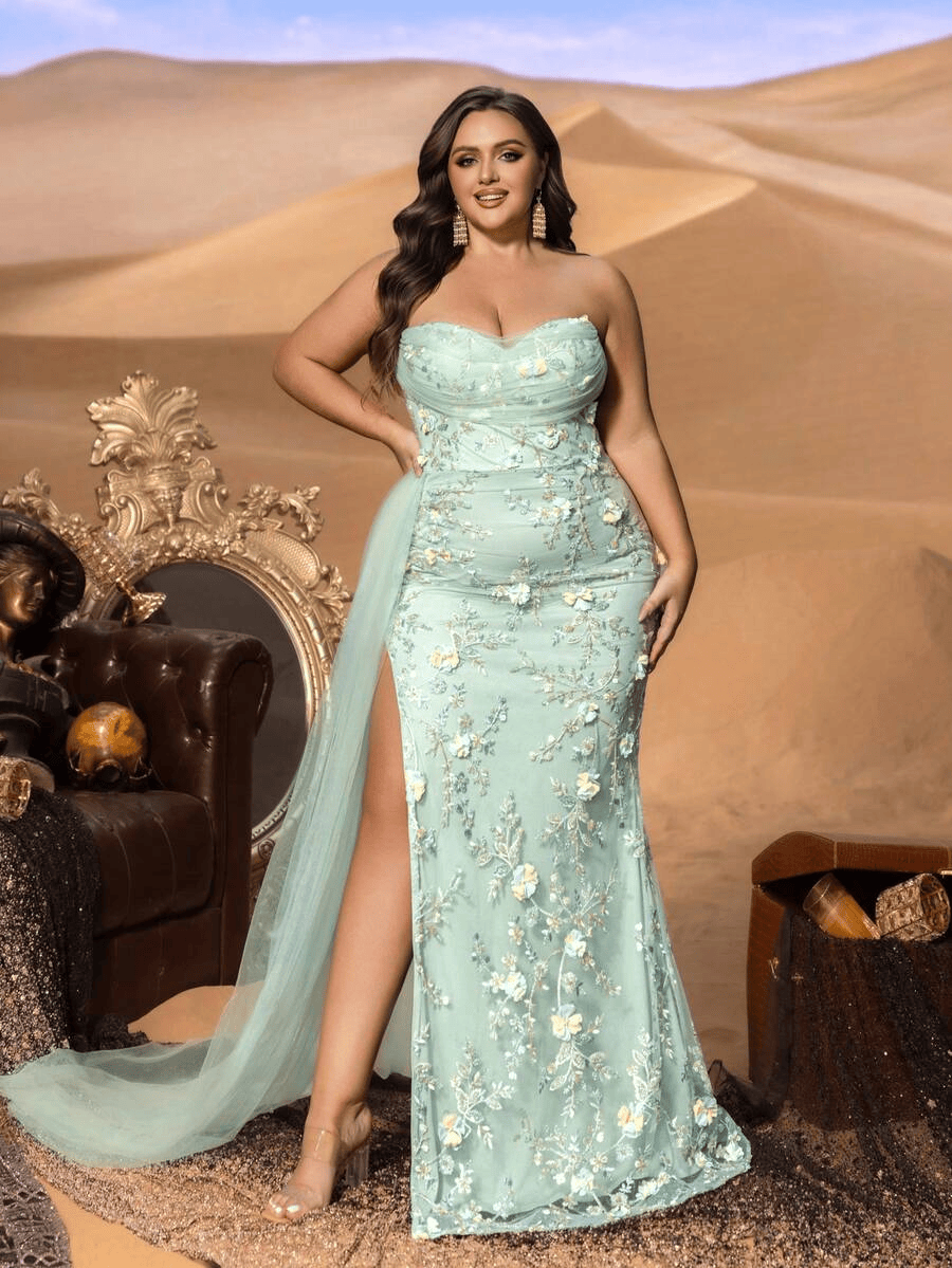 SD3259 Strapless Floral Beaded Gown with Tulle Overlay