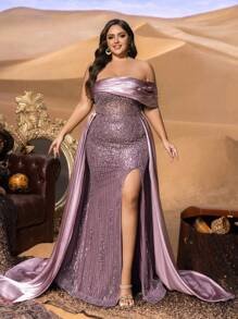 SD3256 Off-Shoulder Sequin Gown with Satin Trail image 8