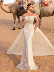 SD3215 Off-Shoulder Tulle Overlay Mermaid Gown - UK16(XL), champagne image