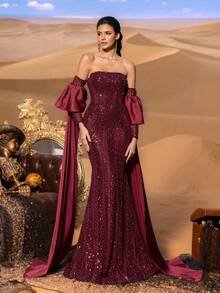 SD3222 Off-Shoulder Mermaid Gown with Flowing Sleeves - UK16(XL), Burgundy image