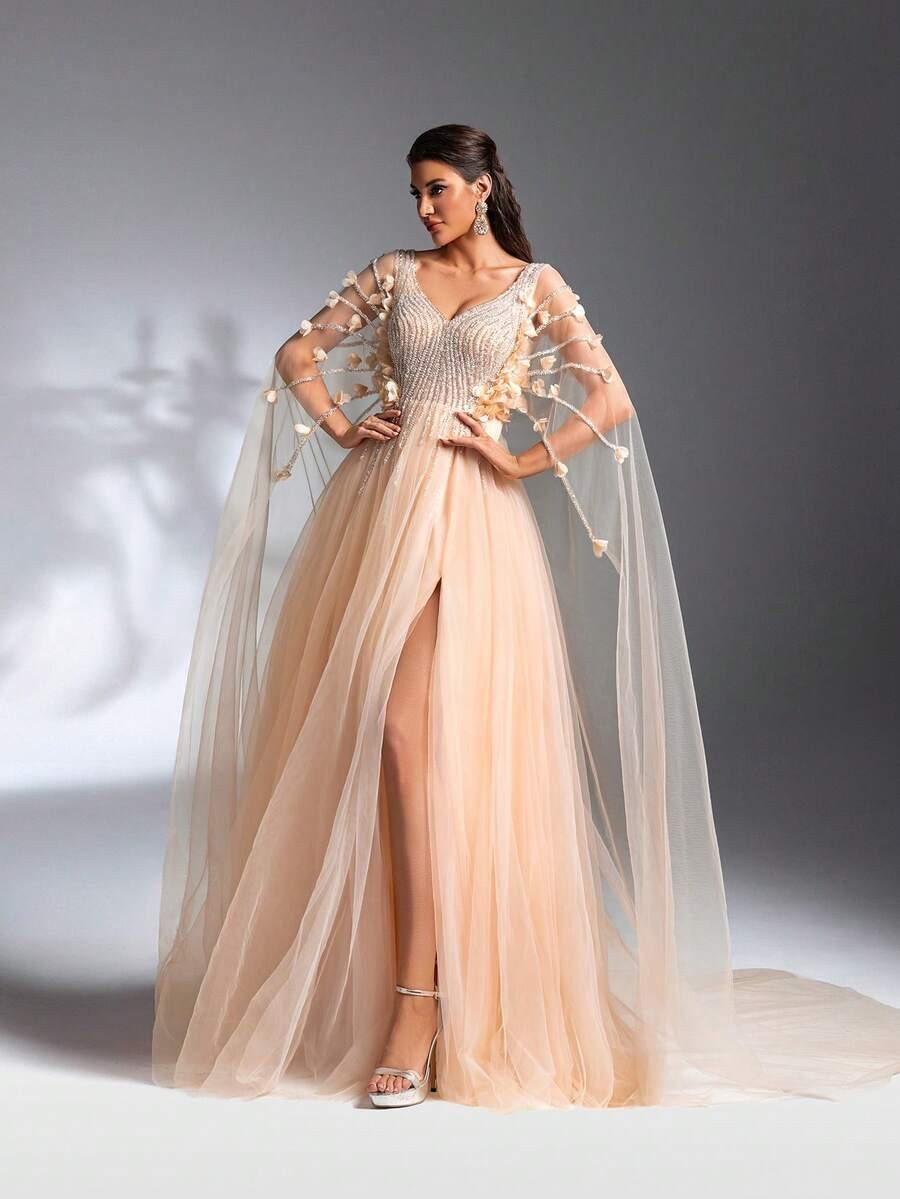 SD3208 Cloak Sleeve 3D Floral Mesh Gown